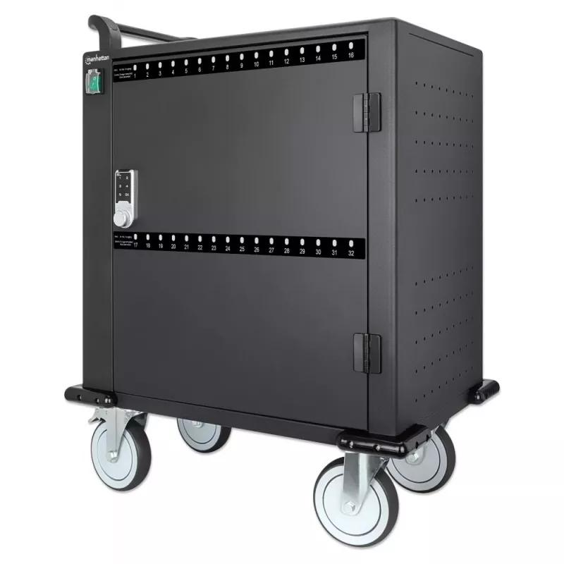 Manhattan iPad kuni 13 tolli, MacBook Air kuni 13 tolli ja Chromebook kuni 14 tolli 32-kohaline USB-C laadimiskäru/kapp, ka teised tahvelarvutid/nutitelefonid (seadmest USB-C kaablini), lahtrid 330x22x235 mm, seadme laadimiskaablid ei kuulu komplekti (soo