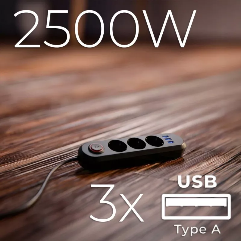 Pikendusjuhe MACLEAN MCE394 B — 3 pistikupesa + 3×USB A, 110–240V, 2,1A USB, 2500W, 1,5 m kaabel, must