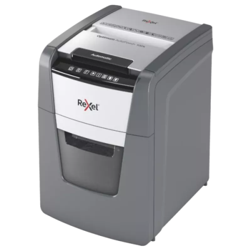 Paberipurustaja REXEL Optimum AutoFeed+ 100X — 100-leheline automaatne söötmine, 4 x 28 mm ristlõige, 34 L mahuti, alumiinium