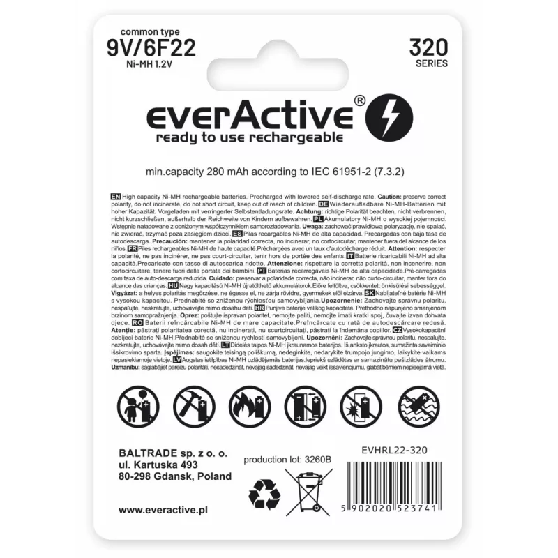 Korduvlaetav aku everActive EVHRL22-320 9V NiMH prismaatiline 8,4 V, 55 g, 48,5 mm