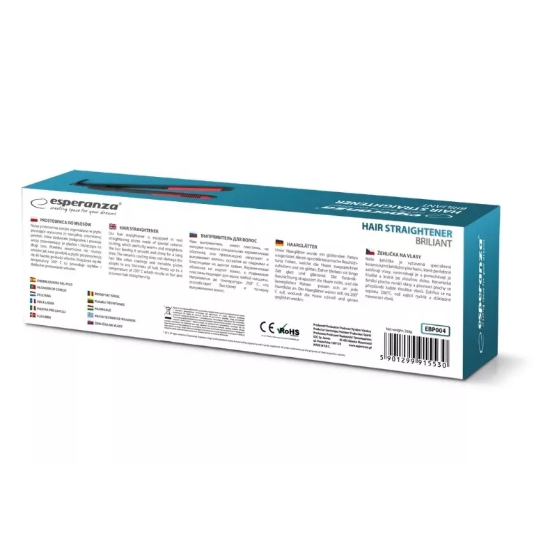 Sirgendusraud ja lokirull ESPERANZA EBP004 — keraamilised plaadid 9,2 x 2,7 cm, 35 W, max 200 °C, 230 V