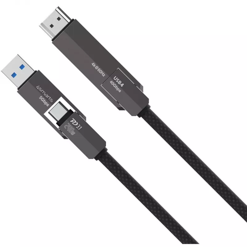 USB4 HDMI kaabel 4smarts ComboCord 240W 1,5 m – USB4-lt HDMI-le, 240W toiteedastus, 1,5 m pikkus