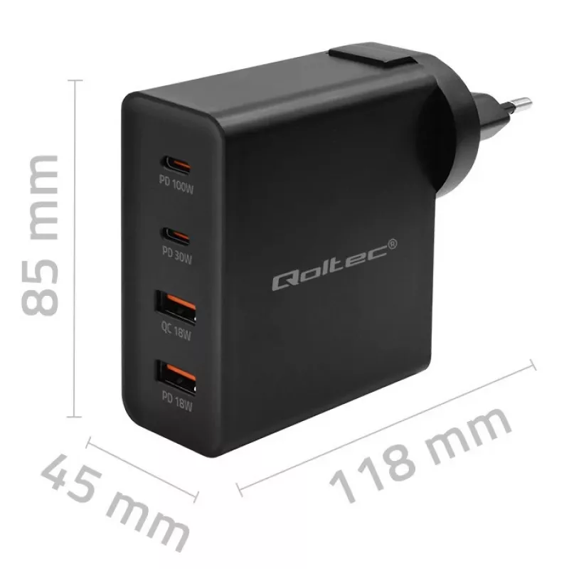 Qoltec GaN POWER PRO Laadija | 2xUSB-C | 2xUSB | 130W | 5-20V | 1.5-5A | XP | Must