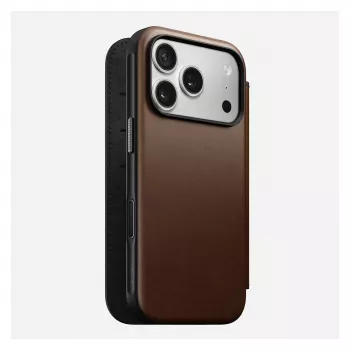 Nahast fliip-stiilis telefonikate Nomad Modern Leather Folio iPhone 17 Pro jaoks — pruun, sobib 6,3 tolli (16 cm) ekraanile, 4 kaarditaskut
