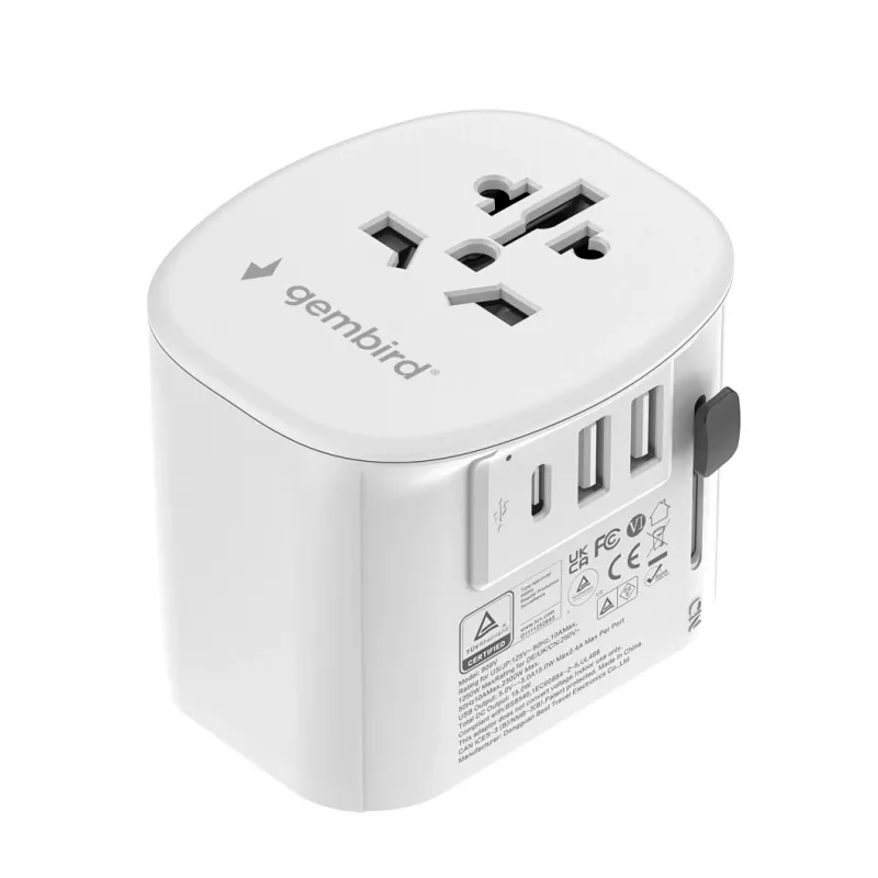 Reisiadapter GEMBIRD TPA-EU2A1C15-01-W — 15W, Type E pistik, 2× USB-A + 1× USB-C, 100–250V
