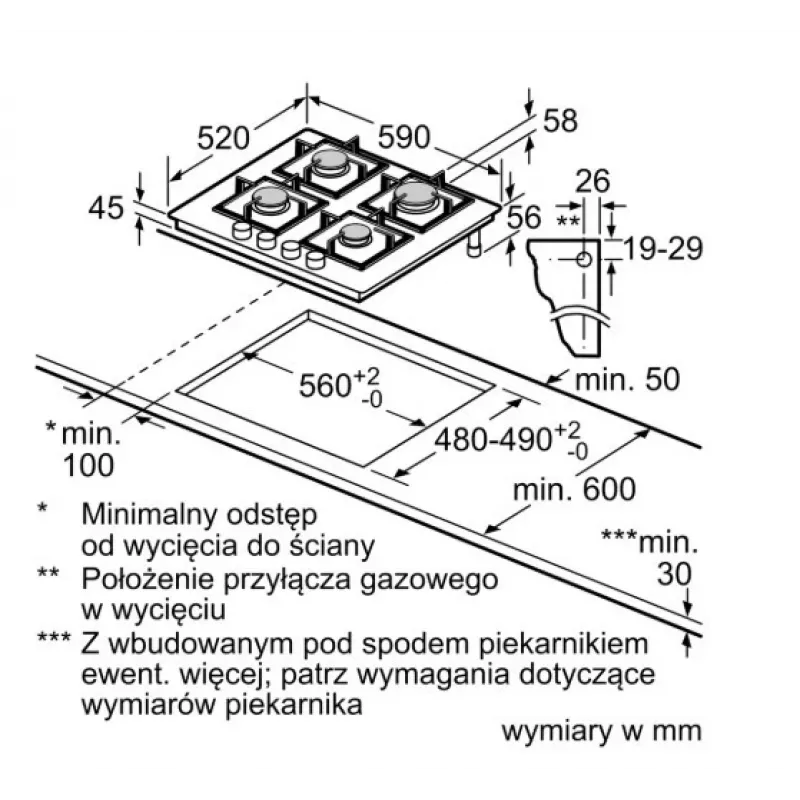 Sisseehitatud gaasipliit Bosch PPP6A2I40, 4 tsooni, malmist restid, must, 590×520×54 mm, pöördnupu juhtimine
