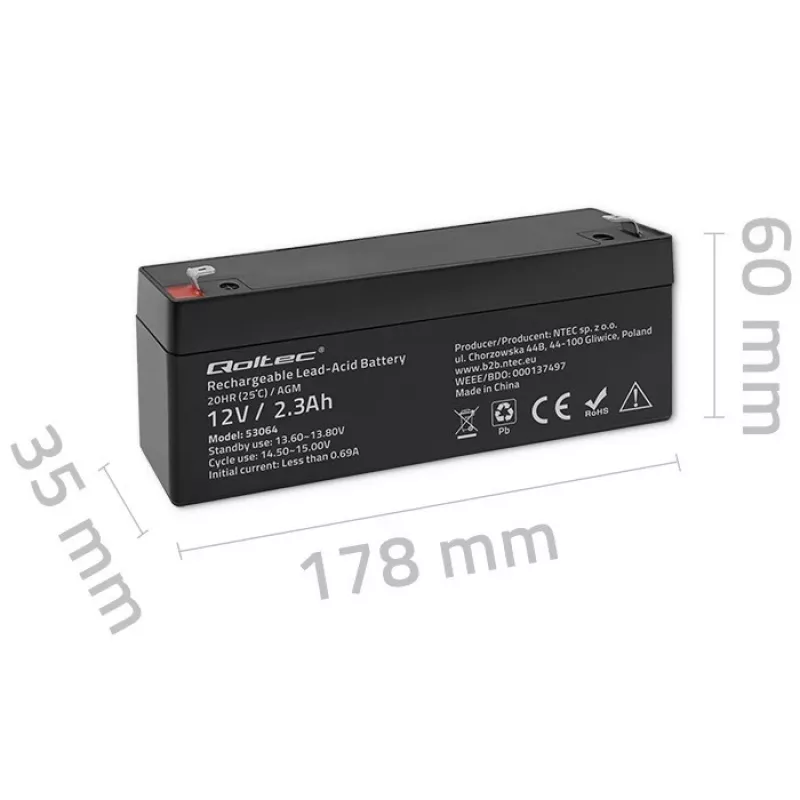 Suletud AGM-aku QOLTEC 12V 2.3Ah UPS-ide ja varusüsteemide jaoks, max tühjenemine 34.5A