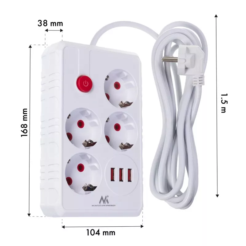 Pikendusjuhe MACLEAN MCE392 W — 4 F-pesa, 3×USB A, 110–240V, 2,1A max, 2500W, 1,5 m kaabel, valge