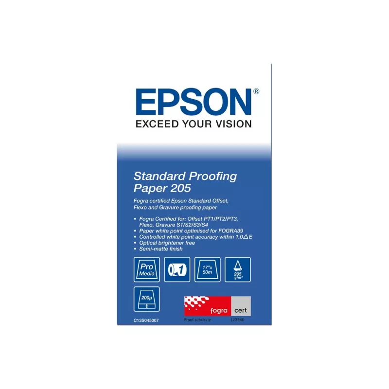 Epson Standard Proofing Paper, 17 tolli x 50m, 205g/m², 50 m, 43,2 cm, 43,2 cm (17 tolli), Matt, 190 µm, 205 g/m²