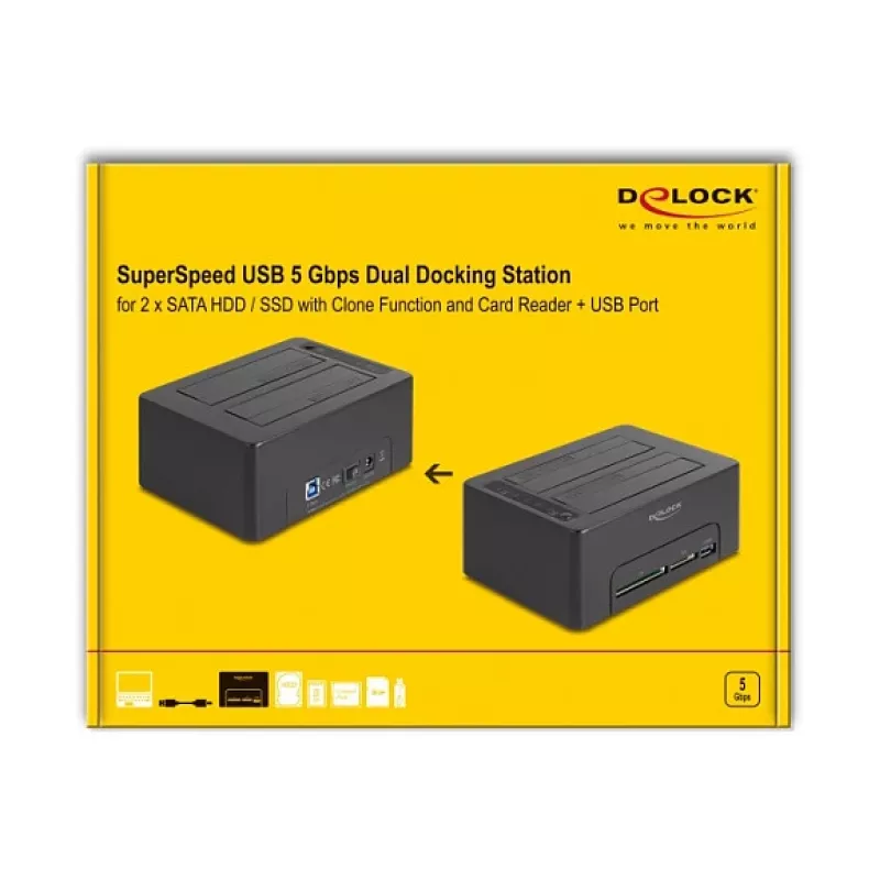 DeLOCK USB kahekordne dokkimisjaam 2 x SATA HDD SSD kloonimisfunktsiooniga ja kaardilugejaga