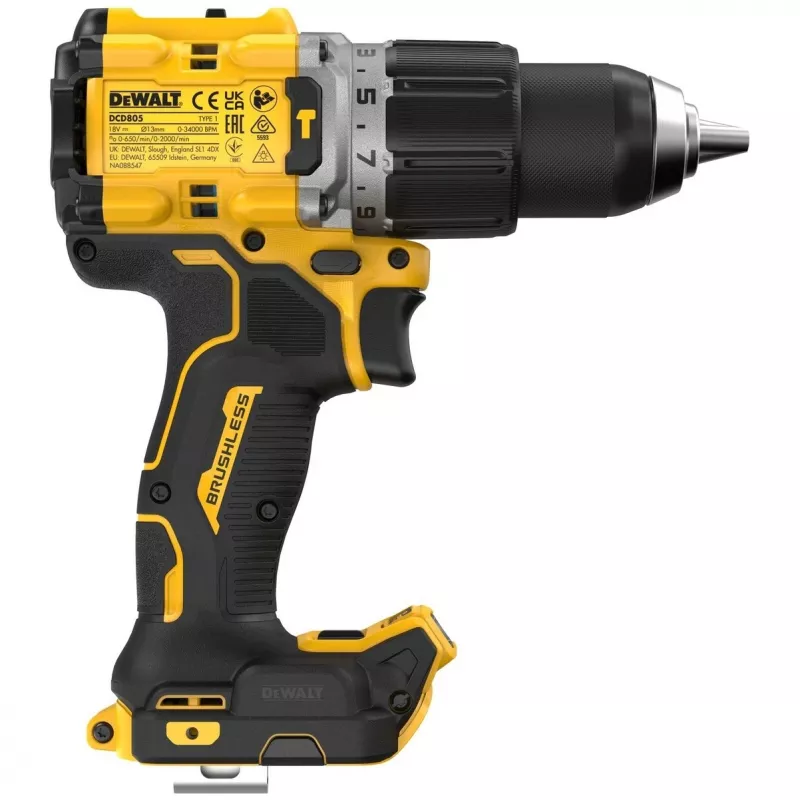 Püstolkäepidemega puur DeWalt DCD805NT-XJ — 18 V harjadeta, 2000 p/min, 90 N·m, 13 mm padrun, 1,34 kg