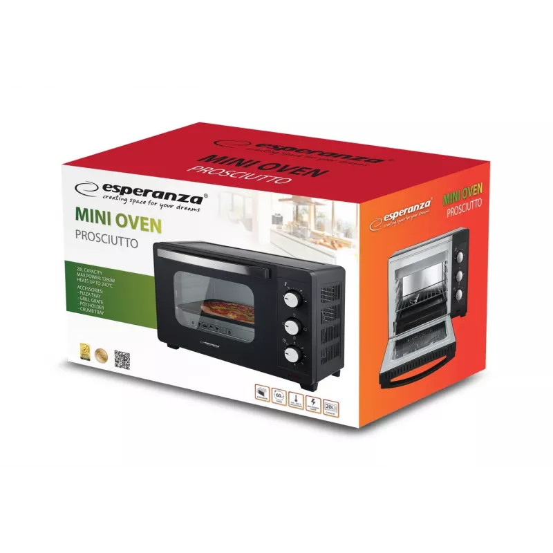 Mini ahi ESPERANZA EKO008N — 20 L, 1280–1300 W, kuni 230°C, 60 min mehaaniline taimer, pöördnupud, klaasuks, eraldiseisev