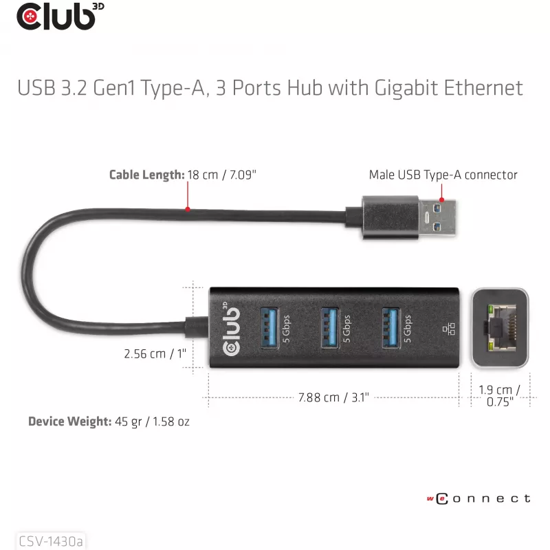 USB jaotur CLUB3D USB 3.2 Gen1 Type-A 3 pordiga ja Gigabit Ethernetiga