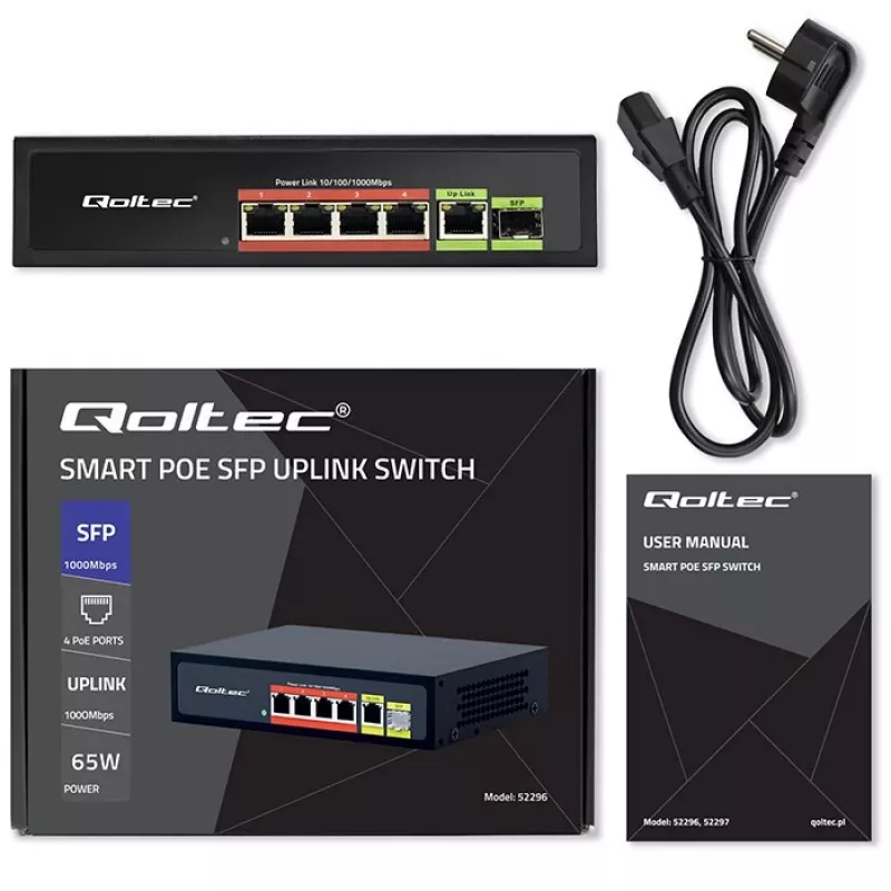 Ethernet PoE-lüliti QOLTEC 52296 — 4x RJ45 PoE-porti, 1x RJ45 üleslink