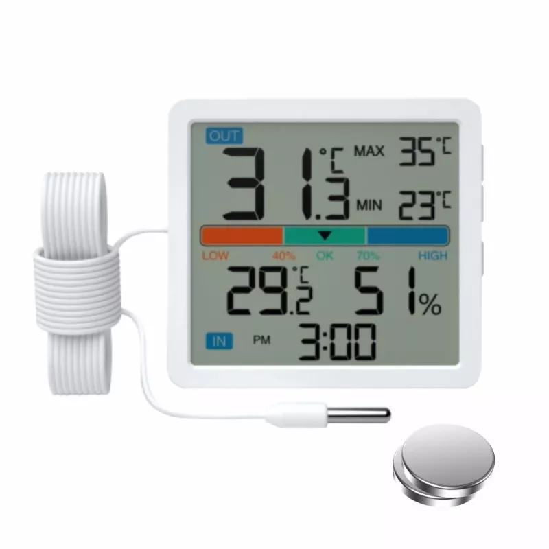Termomeeter‑hügromeeter MANTA MTO002W välisanduriga (150 cm), siseruumides 0–+50°C, välistingimustes -40–+70°C, õhuniiskus 20–95% RH, mugavusindikaator, kell