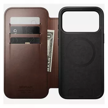 Nomad Modern Leather Folio mobiiltelefoni ümbris iPhone 17 Pro Max — pruun, nahk, 6,3-tolline ekraan, 4 kaarditaskut