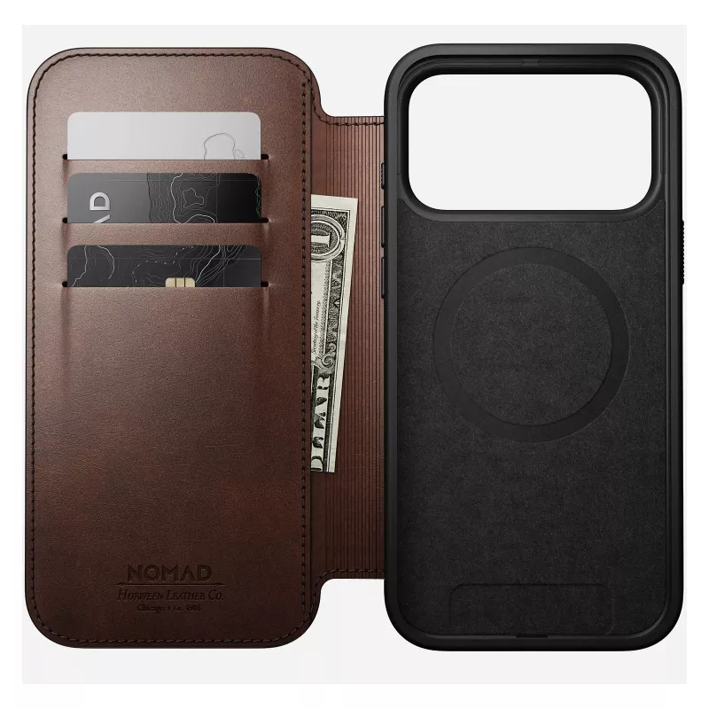 Nomad Modern Leather Folio mobiiltelefoni ümbris iPhone 17 Pro Max — pruun, nahk, 6,3-tolline ekraan, 4 kaarditaskut