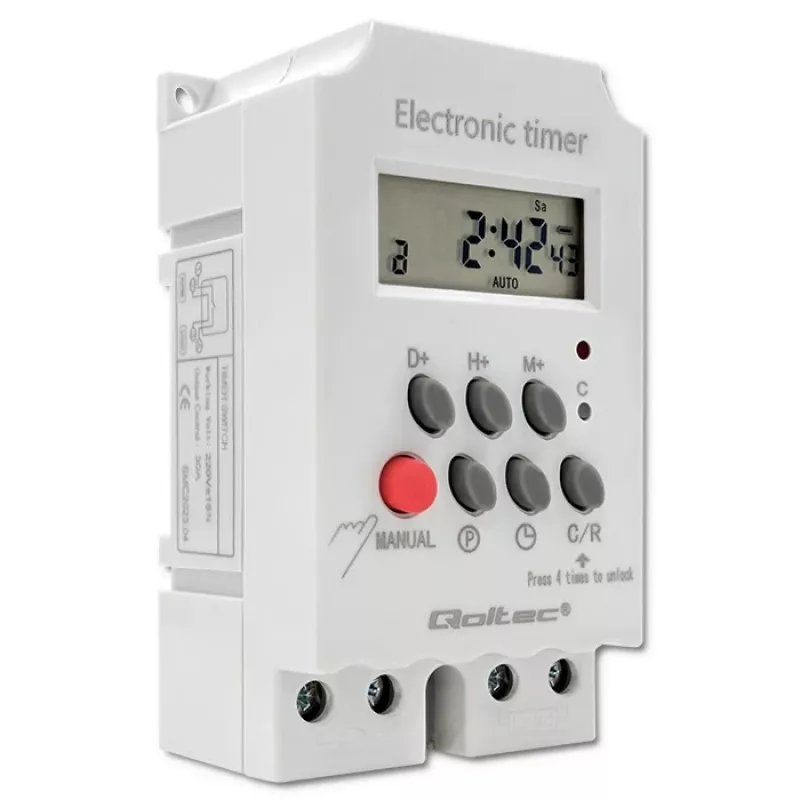 DIN-liistule paigaldatav elektrooniline taimer QOLTEC PC0629 — 24 V toide, 16 A väljund