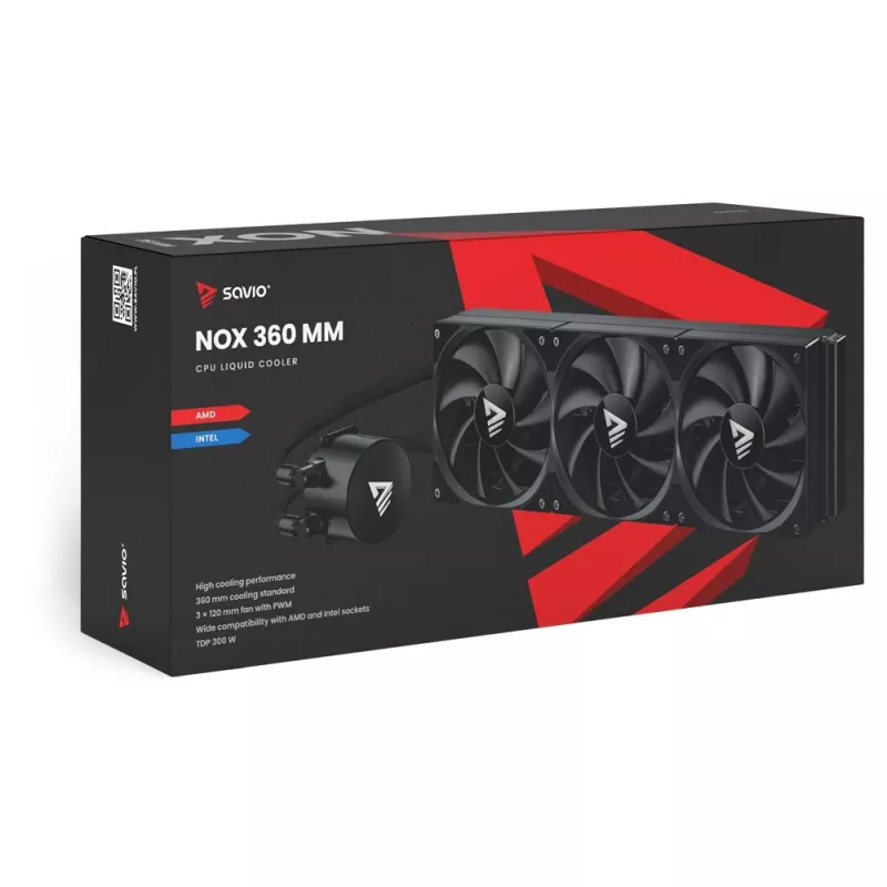 Vedelikjahutuse komplekt SAVIO NOX 360 mm (3×120 mm ventilaatorit, vasest alus, alumiiniumradiaator) Must, 600–1800 p/min