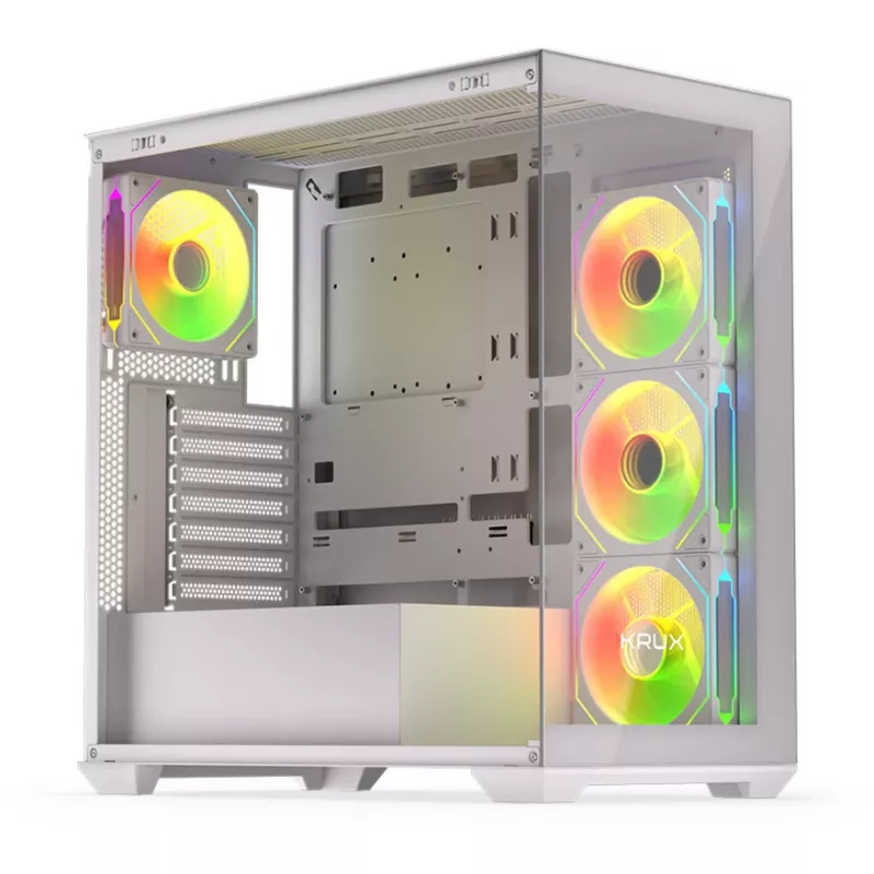 PC Case KRUX Exo RGB Valge — ATX torn, teras, 2x3,5-tollist + 2x2,5-tollist pesa, USB-C, RGB