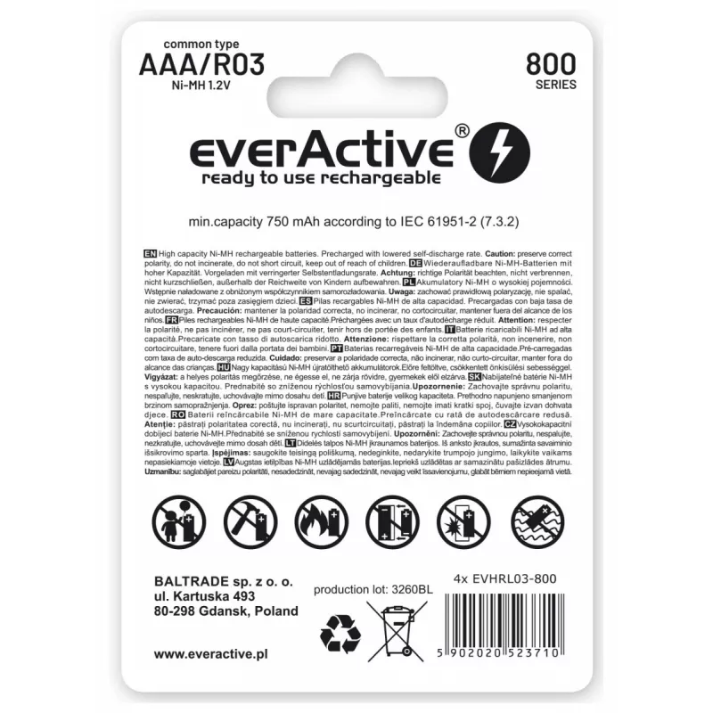 Laetavad AAA NiMH patareid everActive EVHRL03-800 – 1,2 V, 4 tk, silindrilised 44,5×10,5 mm
