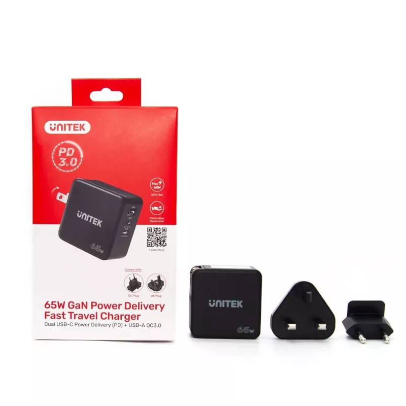 Unitek P1117B USB-C PD 65W universaalne mobiililaadija, 2x USB‑C PD + 1x USB‑A, must