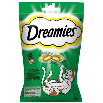 Kassimaiused Dreamies kassinaerisega 60 g — krõmpsuvad suupärased lihamaitselised snäkid, 22% valku, 22% rasva, 2% kiudaineid