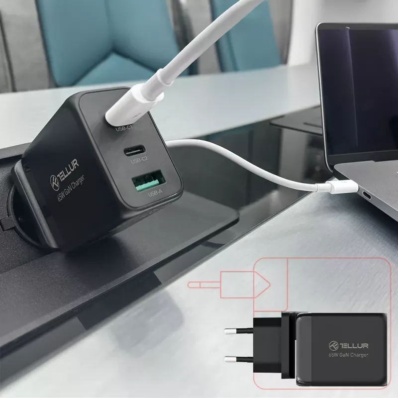 Seinalaadija Tellur TLL151451 65W, 3 porti (2x USB-C, 1x USB-A)