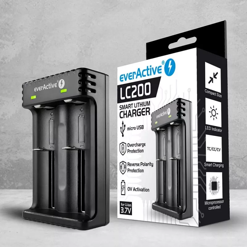 everActive LC200 majapidamisaku laadija USB, 2 pesaga, Li-Ion, toetab AA/AAA, 5 V sisend, 4,2 V väljund, must