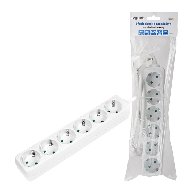 Pikendusjuhe LogiLink LPS238 1,5 m 6 vahelduvvoolupistikupesa siseruumidesse valge