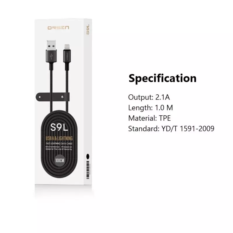 USB-A – Lightningi kaabel Orsen S9L 1 m 2,1 A – must