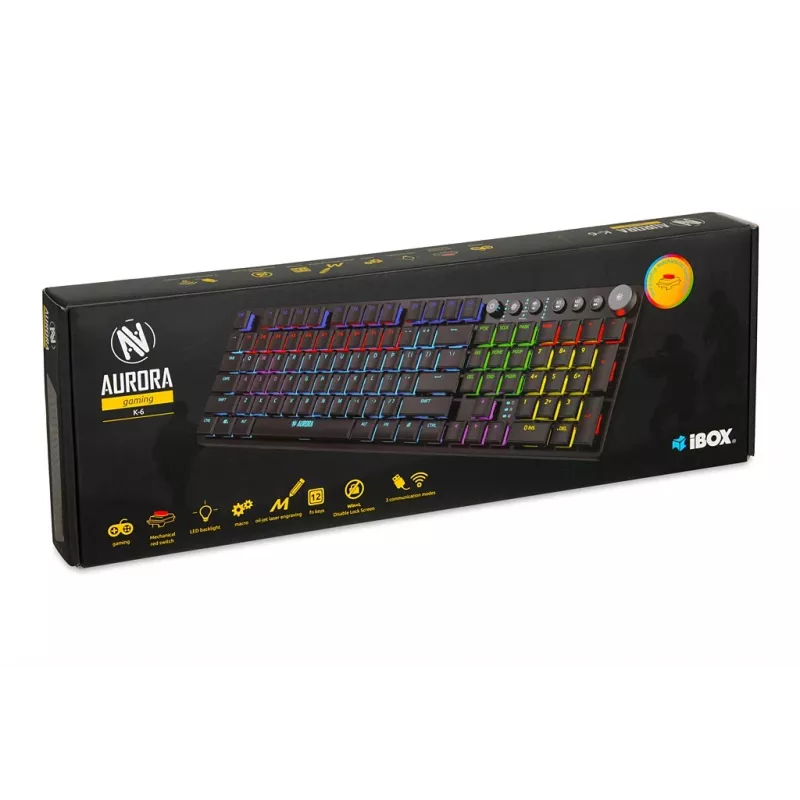 Klaviatuur IBOX AURORA K-6 — täissuuruses QWERTY, RF juhtmevaba + Bluetooth, RGB taustvalgustus, mehaanilised madala profiiliga klahvid, must