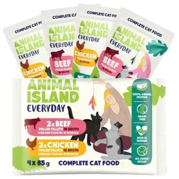 ANIMAL ISLAND Everyday kana ja veisefileed puljongis - märg kassitoit - 4 x 85 g