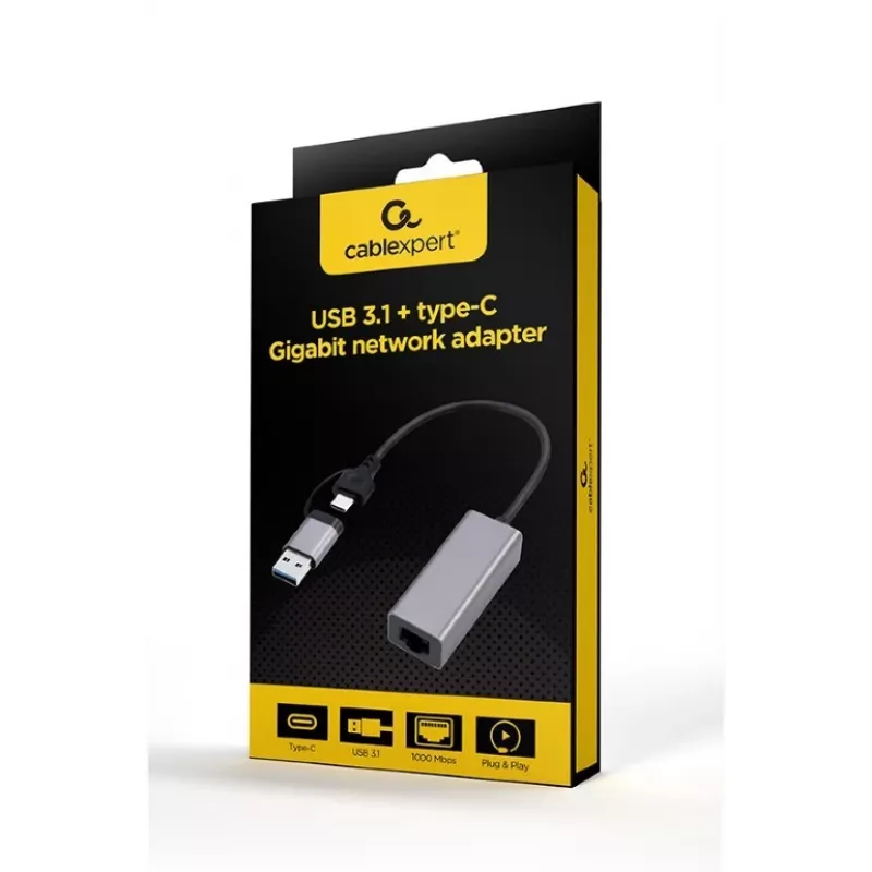 USB 3.1 Type-C Gigabit võrguadapter Gembird A-USB3AC-LAN-01 — 1× RJ-45, 1000 Mbps, USB 3.2 Gen 1, metallkorpus, hall