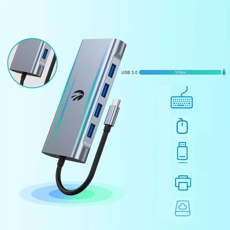 USB-C 11-in-1 adapter Hawk HW-HUB1101 — mitme pordiga jaotur 11 pordiga