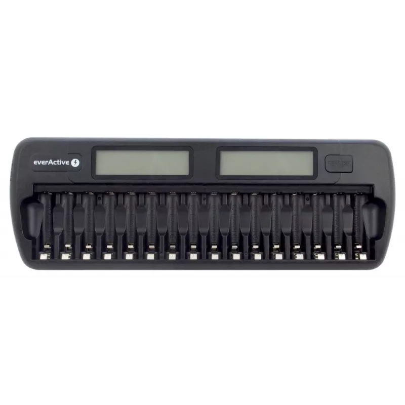 Akulaadija everActive NC-1600 — universaalne alalisvoolulaadija Li-Ion jaoks, toetab 16 elementi, ühilduvad suurused AA/AAA/C, must, AC 100–240V 50–60Hz