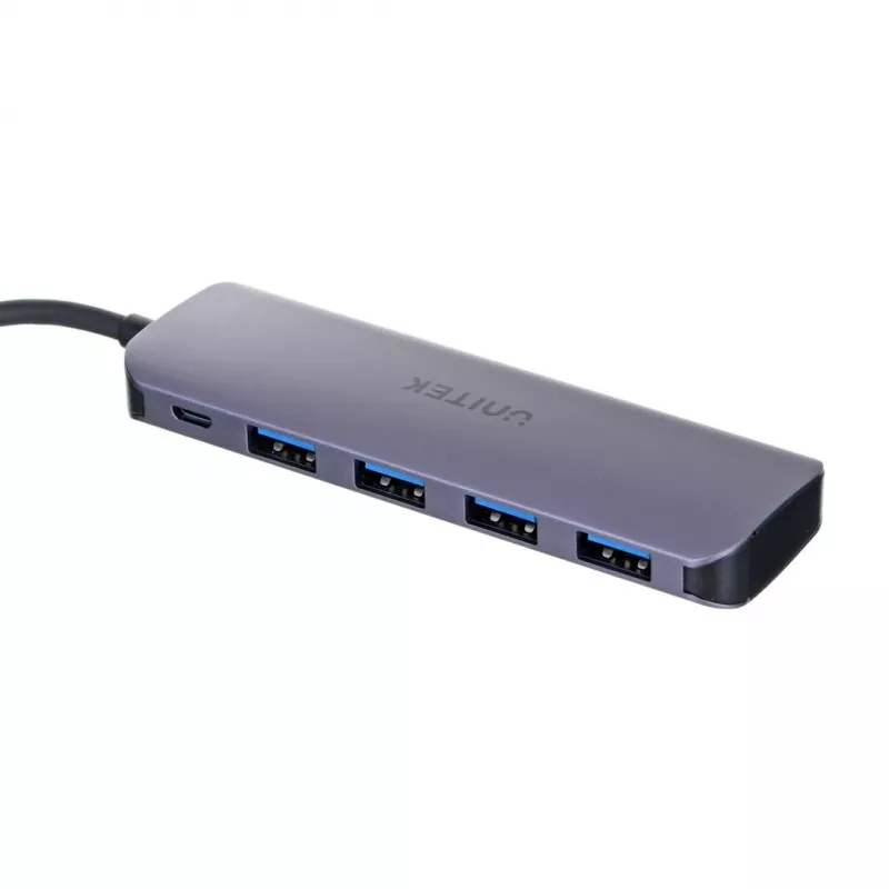 USB-hub Unitek P5+ — 5 porti (4 × USB 3.2 Gen 2 Type-A), USB 3.2 Gen 1 host, 5 Gbit/s, 10 W PD, alumiinium, hall