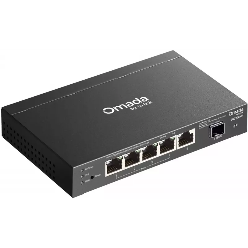 Võrgulüliti TP‑LINK SG2206MP L2 Gigabit Ethernet PoE 5‑port (5x Gigabit, 1x SFP, PoE+ 4 porti, 63W eelarve)