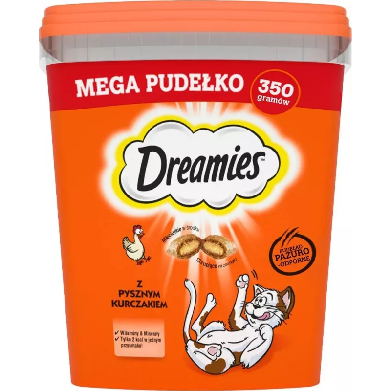 Maiustused Dreamies segumaitselised kana ja juustuga 350 g — krõmpsuv lihane suupiste täiskasvanud kassidele, valk 22%, rasv 22%