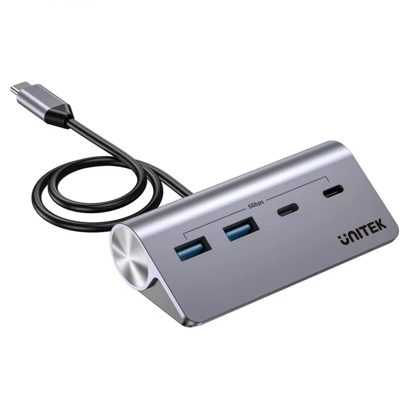 USB-jaotur Unitek H1337AGY01 — 4 pordiga (2×USB-C, 2×USB-A), kuni 5 Gbps pordi kohta, alumiinium, hõbedane