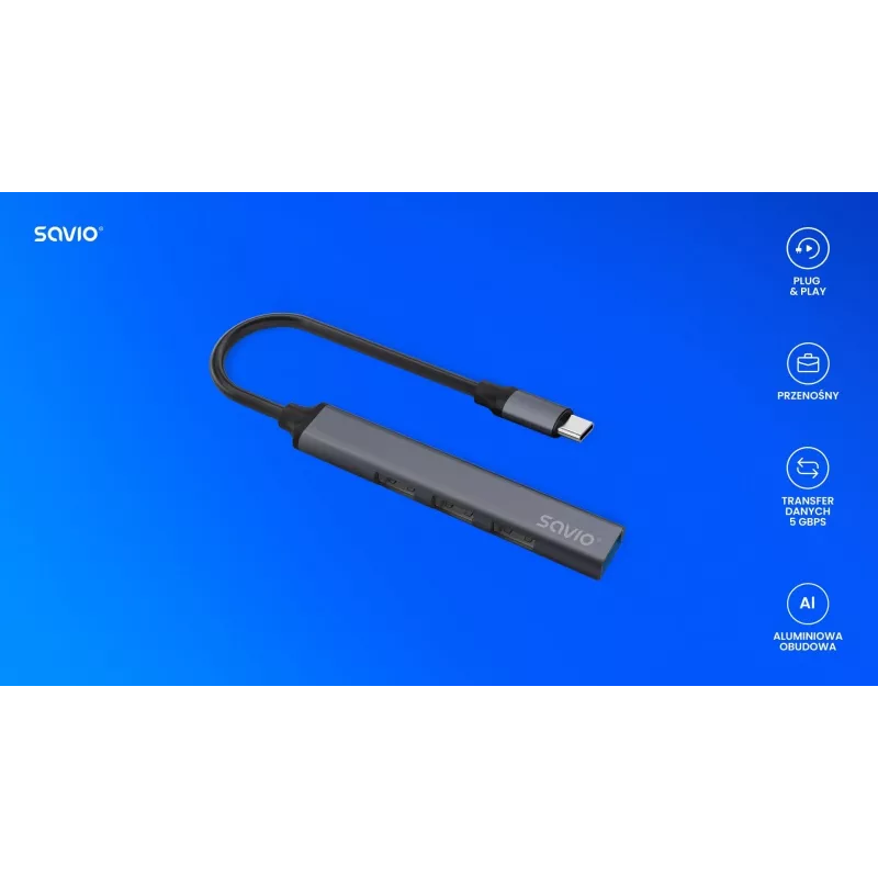 USB 3.0 4-pordiline liidesejaotur SAVIO AK-71 USB-C-hostiga, 5000 Mbit/s, 2-aastane garantii