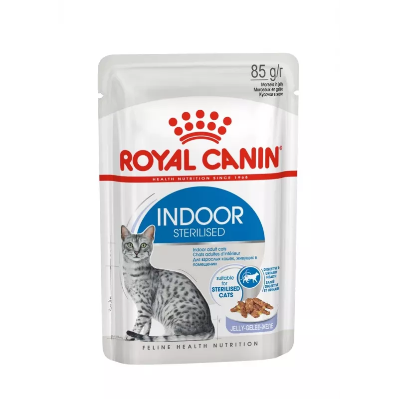 Märg kassitoit Royal Canin Indoor Sterilized 85 g kott — täiskasvanud toas elavatele kastreeritud kassidele, linnuliha maitsega, pakendis 12 x 85 g