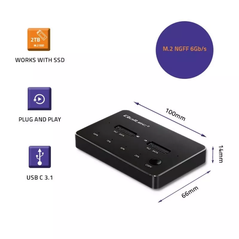 Qoltec 50310 Drive dokkimisjaam 2x SSD M.2 SATA NGFF USB Type C