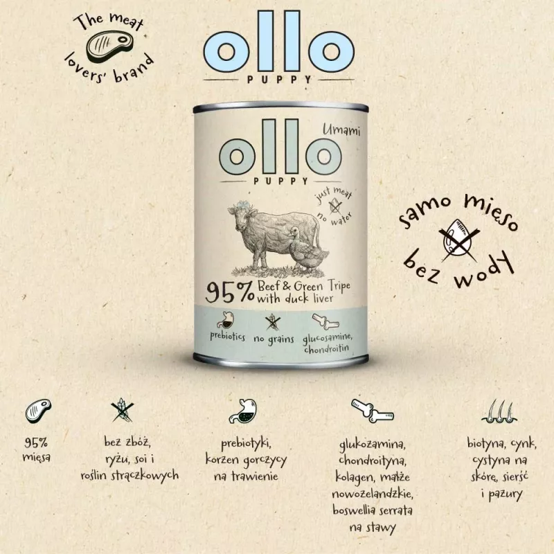OLLO Puppy Umami Beef and Green Tripe with Duck Liver - märg koeratoit - 400g