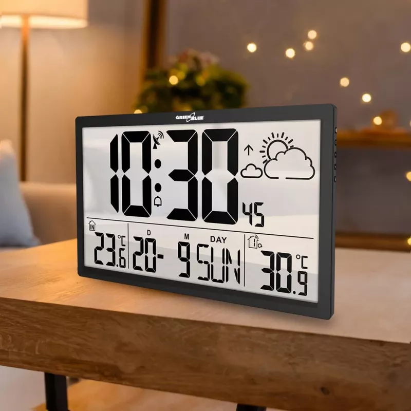 Seinakell GreenBlue GB218 — eriti suur LCD, ilmajaam, sise-/välistemperatuurid, kuupäeva näit