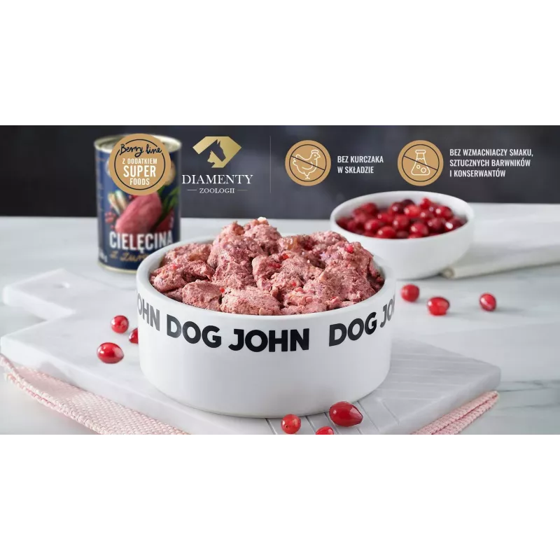 Märg koeratoit john dog BERRY Adult vasikaliha jõhvikaga 800 g — monoproteiin, täisväärtuslik sööt, purk