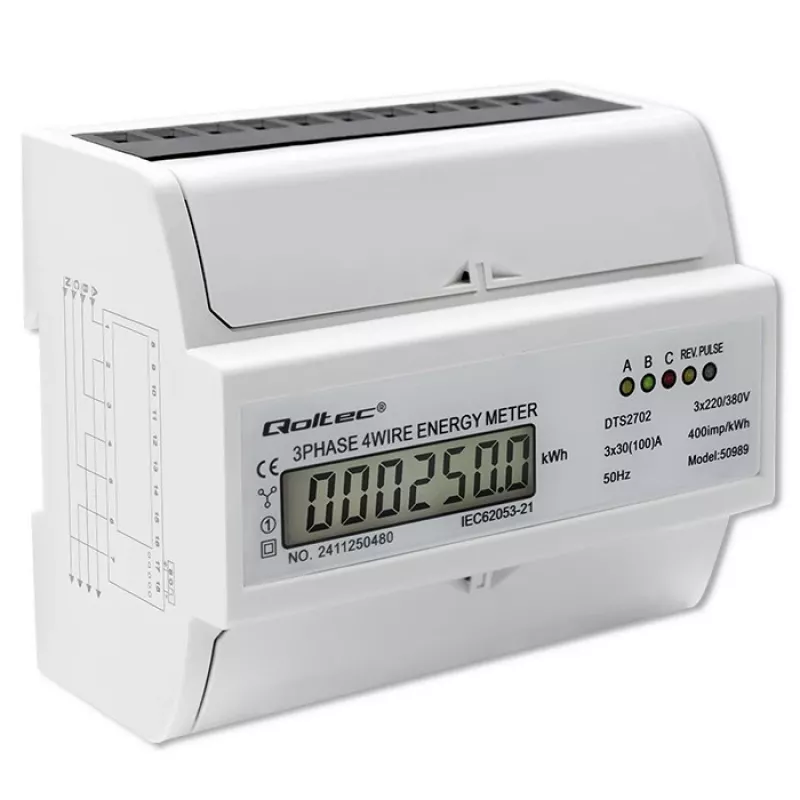 Qoltec kolmefaasiline kahesuunaline elektrooniline arvesti | DIN-rööpale paigaldatav energiatarbimise arvesti | 400V | 100A | LCD | 4P