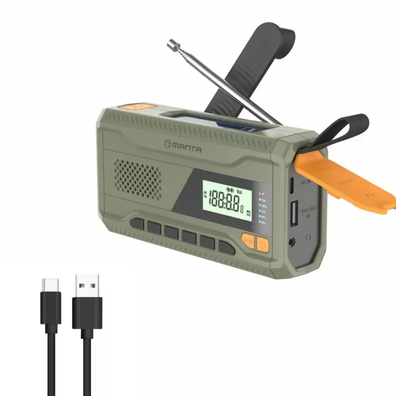 Kaasaskantav FM-raadio MANTA RDI401G päikesepaneeli, dünamovända, 4000–4500 mAh aku, 5 V USB väljundi, 3 W ja taskulambiga