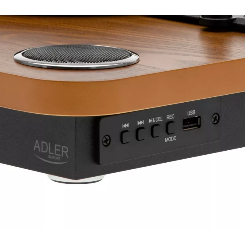 Analoog-vööajamiga plaadimängija Adler AD 1914, USB-pesa, keraamiline alustaldrik, DC-mootor, 33 1/3 p/min, Bluetooth 5.4, RCA-väljundid, sisseehitatud kõlarid