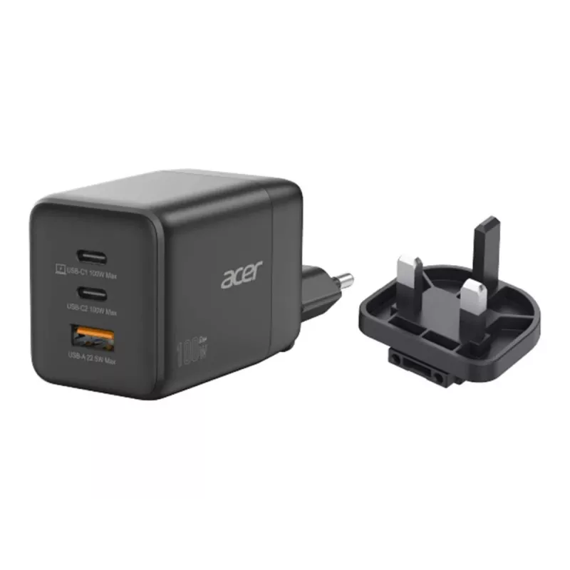 Acer toiteplokk - PPS- ja GaN-tehnoloogia - 100 W - PD 3.0 - 3 väljundporti (USB, 2 x USB-C)